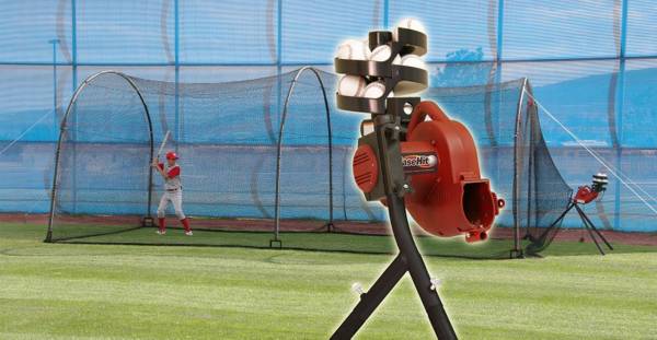 Heater BaseHit Baseball Pitching Machine & Xtender 24' Batting Cage