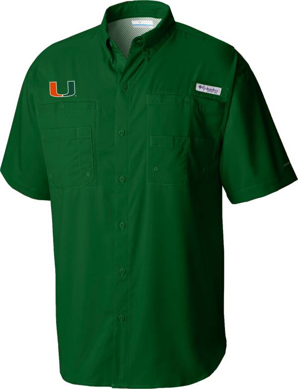 Columbia Men's Miami Hurricanes Green Tamiami Short Sleeve Button Down Shirt