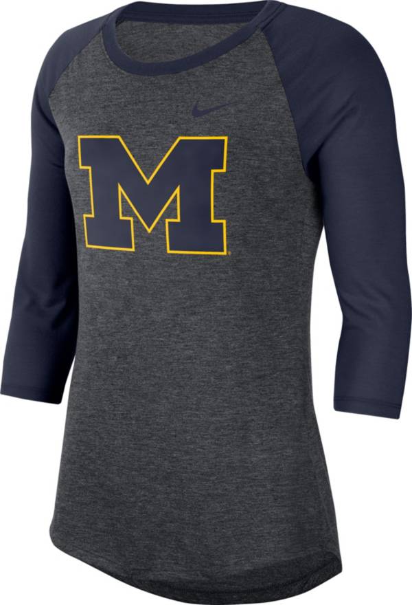 Nike Women's Michigan Wolverines Grey Dri-FIT Raglan ¾ Sleeve T-Shirt