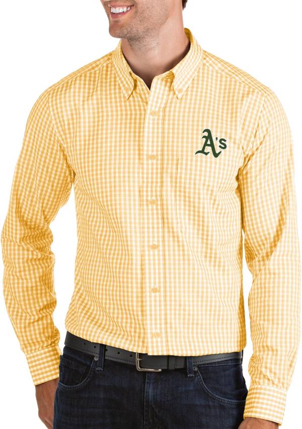 Antigua Men's Oakland Athletics Structure Button-Up Gold Long Sleeve Button Down Shirt