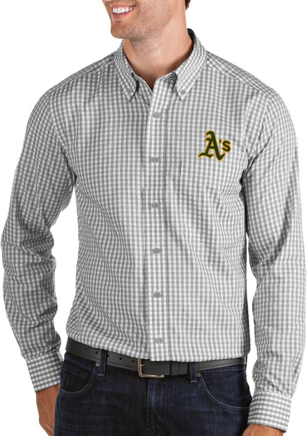 Antigua Men's Oakland Athletics Structure Grey Long Sleeve Button Down Shirt