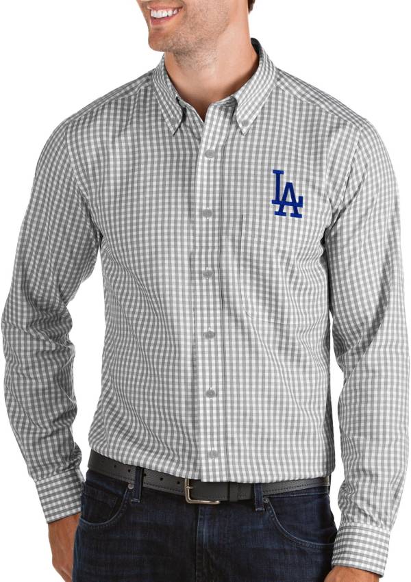 Antigua Men's Los Angeles Dodgers Structure Grey Long Sleeve Button Down Shirt