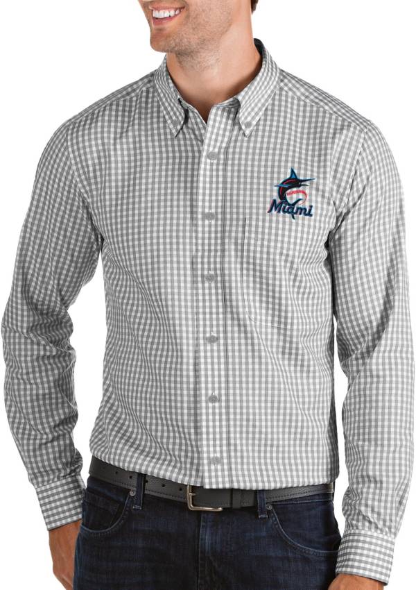 Antigua Men's Miami Marlins Structure Grey Long Sleeve Button Down Shirt