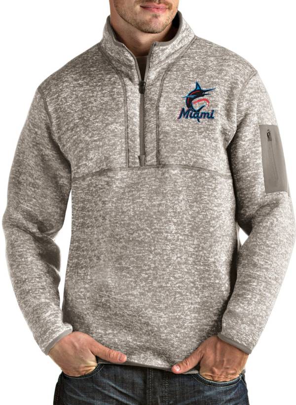 Antigua Men's Miami Marlins Oatmeal Fortune Half-Zip Pullover