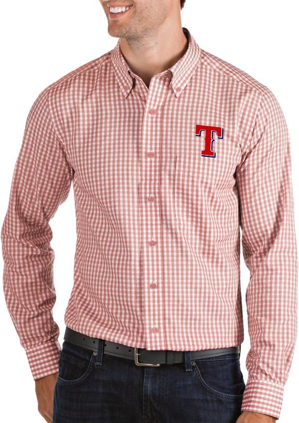 Antigua Men's Texas Rangers Structure Red Long Sleeve Button Down Shirt