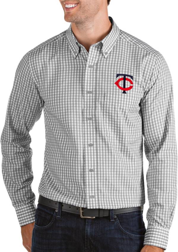 Antigua Men's Minnesota Twins Structure Grey Long Sleeve Button Down Shirt