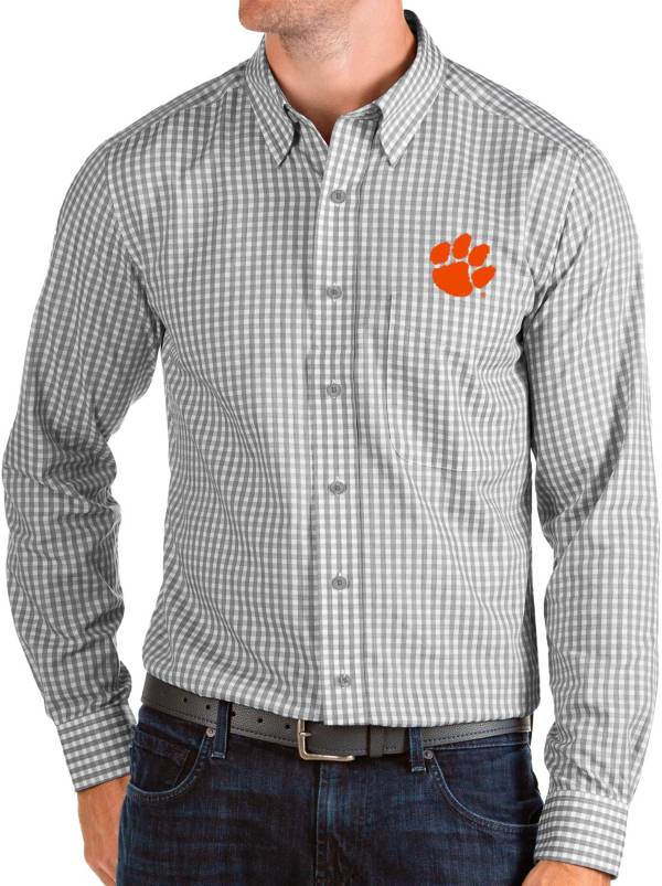 Antigua Men's Clemson Tigers Grey Structure Button Down Long Sleeve Shirt