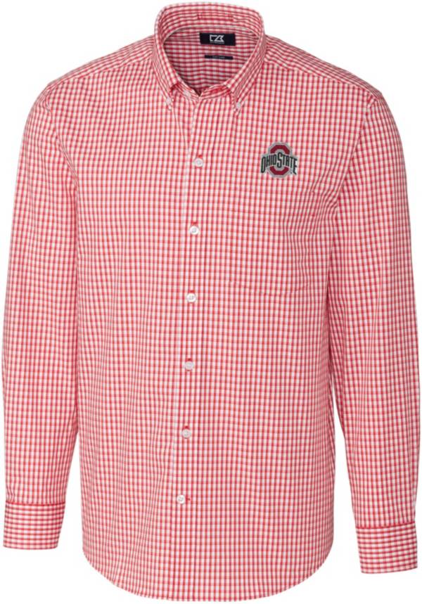 Cutter & Buck Men's Ohio State Buckeyes Scarlet Stretch Gingham Long Sleeve Button Down Shirt