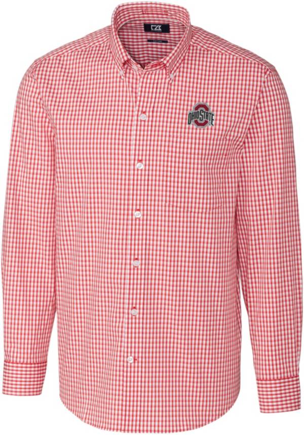 Cutter & Buck Men's Ohio State Buckeyes Scarlet Stretch Gingham Long Sleeve Button Down Shirt