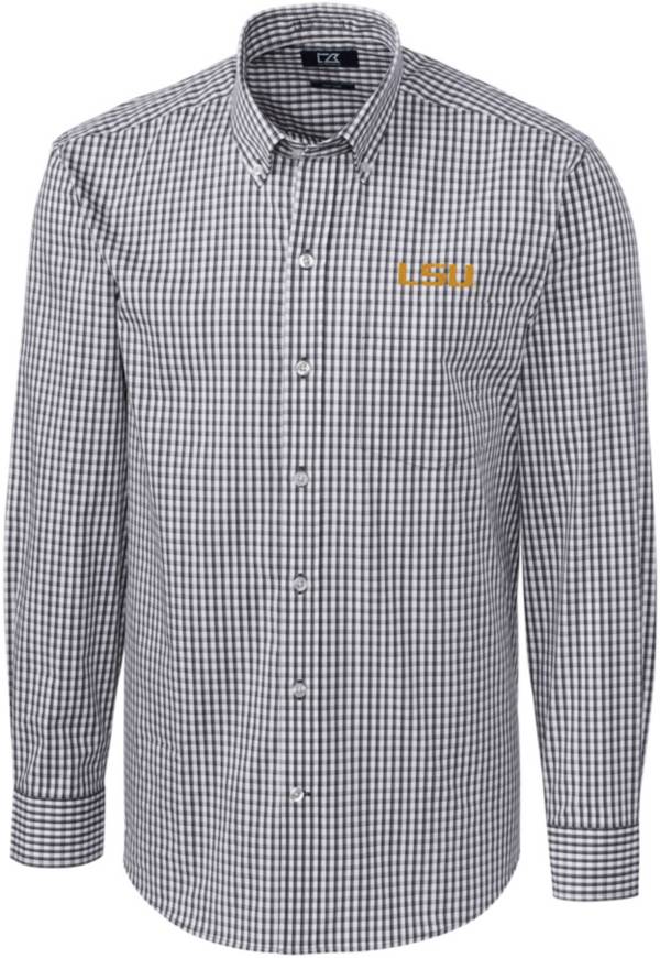 Cutter & Buck Men's LSU Tigers Grey Stretch Gingham Long Sleeve Button Down Shirt