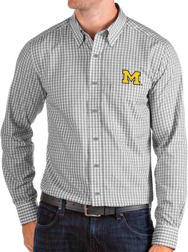 Antigua Men's Michigan Wolverines Grey Structure Button Down Long Sleeve Shirt