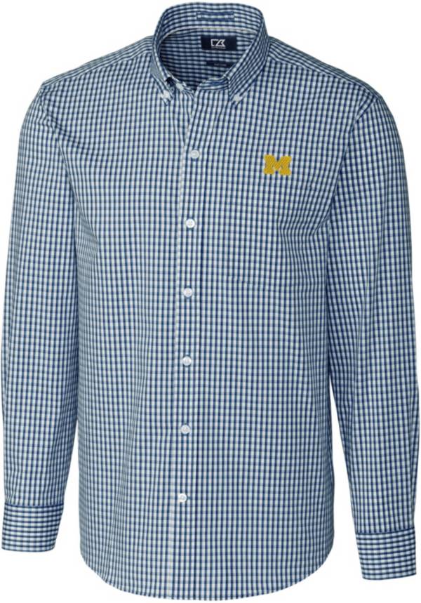 Cutter & Buck Men's Michigan Wolverines Blue Stretch Gingham Long Sleeve Button Down Shirt