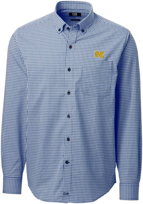 Cutter & Buck Men's Michigan Wolverines Blue Anchor Gingham Long Sleeve Button Down Shirt