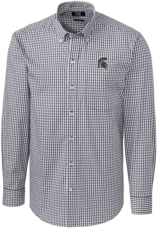 Cutter & Buck Men's Michigan State Spartans Grey Stretch Gingham Long Sleeve Button Down Shirt