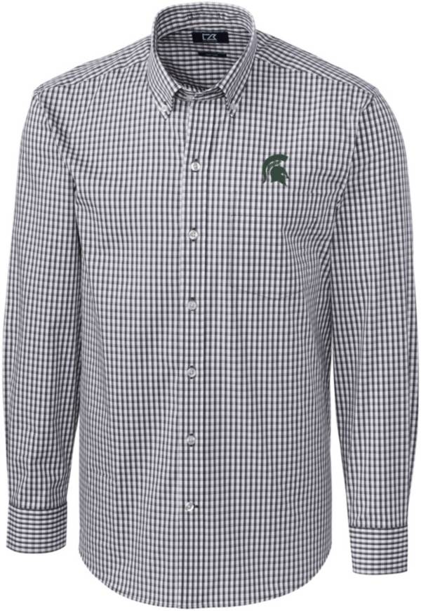 Cutter & Buck Men's Michigan State Spartans Grey Stretch Gingham Long Sleeve Button Down Shirt product image