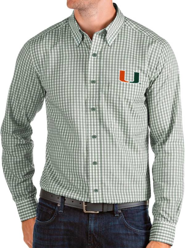 Antigua Men's Miami Hurricanes Green Structure Button Down Long Sleeve Shirt
