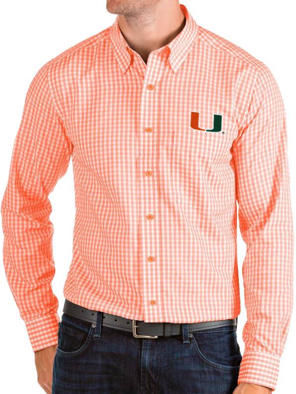 Antigua Men's Miami Hurricanes Green Structure Button Down Long Sleeve Shirt