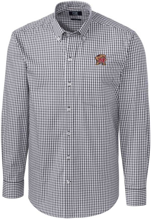 Cutter & Buck Men's Maryland Terrapins Grey Stretch Gingham Long Sleeve Button Down Shirt