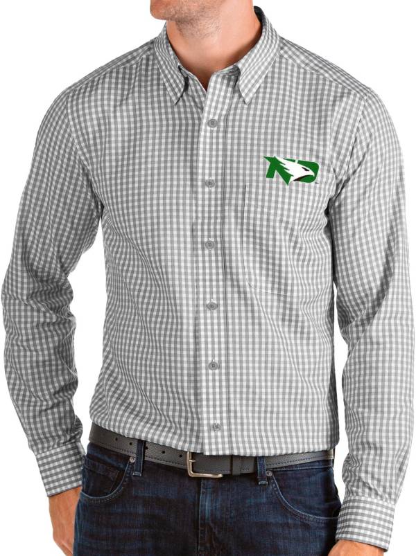 Antigua Men's North Dakota Fighting Hawks Grey Structure Button Down Long Sleeve Shirt