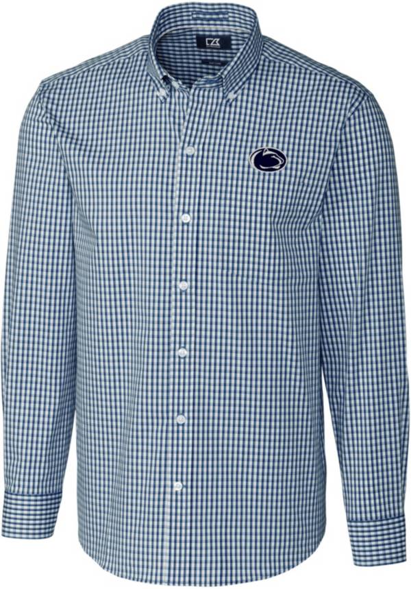 Cutter & Buck Men's Penn State Nittany Lions Blue Stretch Gingham Long Sleeve Button Down Shirt