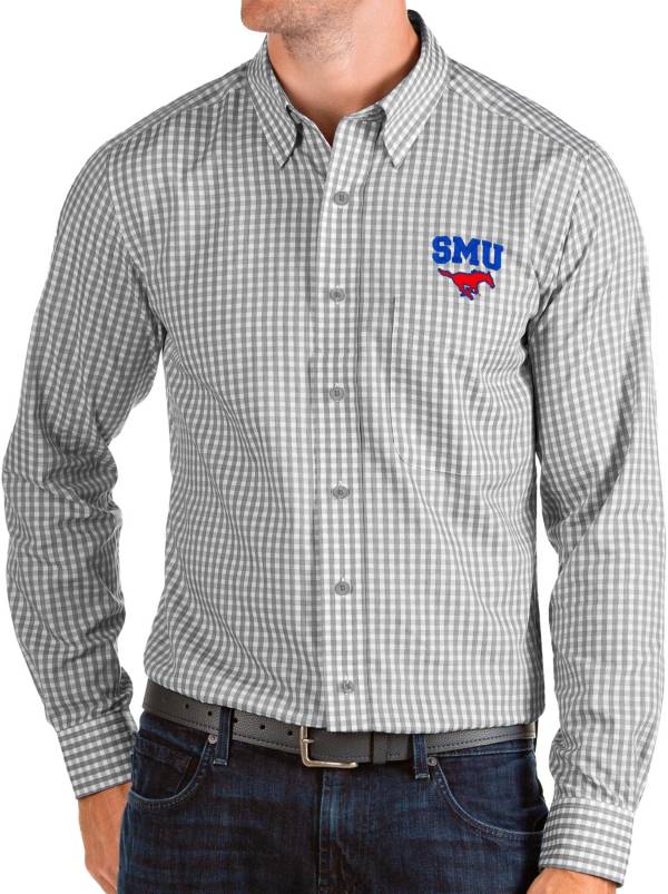 Antigua Men's Southern Methodist Mustangs Grey Structure Button Down Long Sleeve Shirt product image