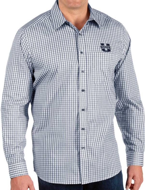 Antigua Men's Utah State Aggies Blue Structure Button Down Long Sleeve Shirt