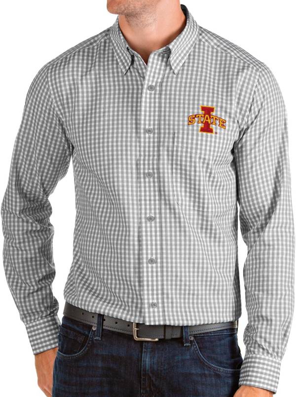 Antigua Men's Iowa State Cyclones Grey Structure Button Down Long Sleeve Shirt