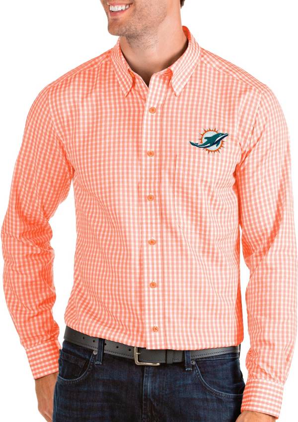 Antigua Men's Miami Dolphins Structure Button Down Orange Dress Shirt