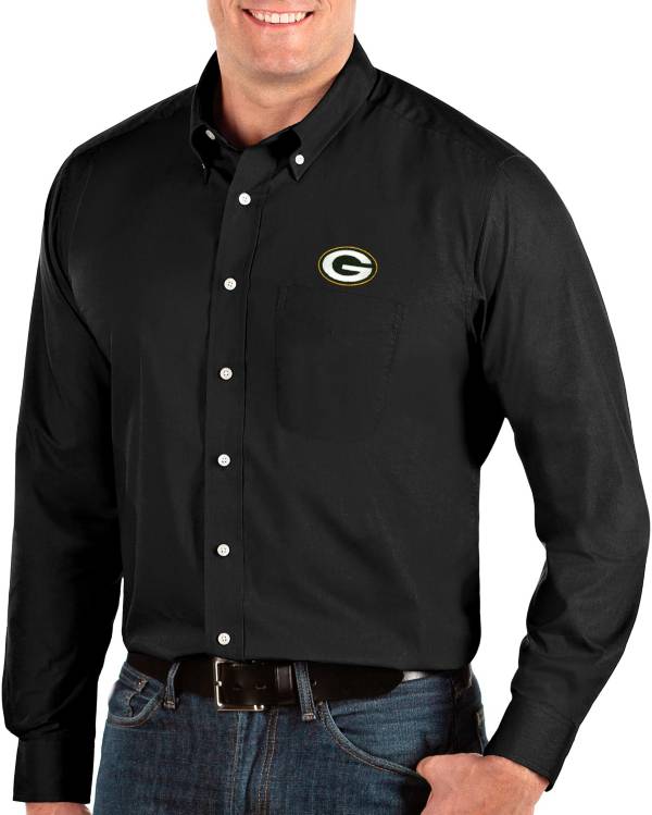 Antigua Men's Green Bay Packers Dynasty Button Down Black Dress Shirt