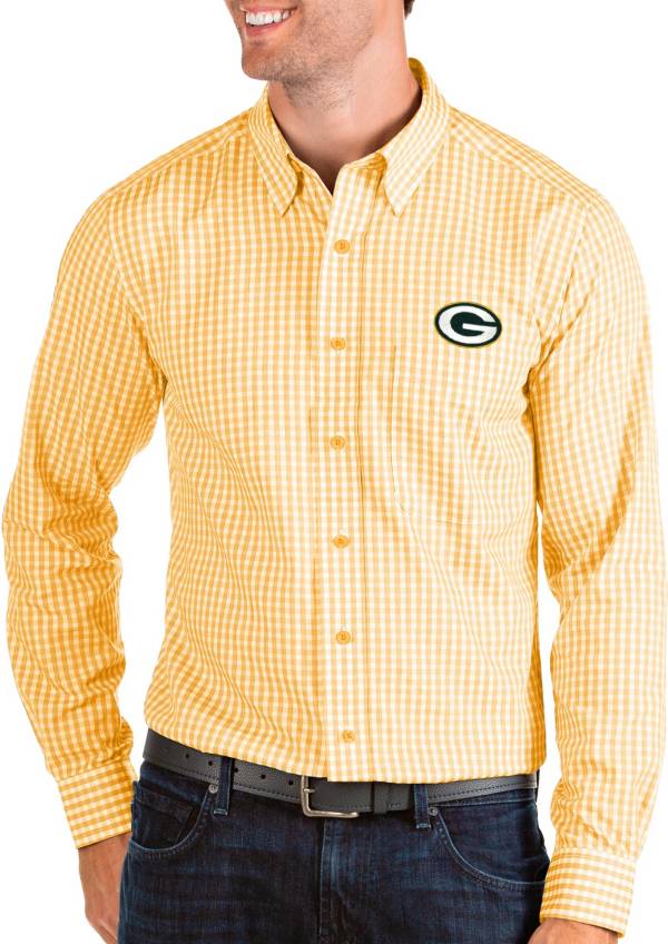 Antigua Men's Green Bay Packers Structure Button Down Gold Dress Shirt