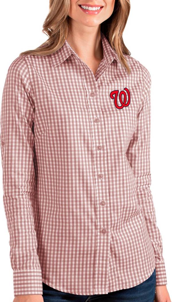 Antigua Women's Washington Nationals Structure Red Long Sleeve Button Down Shirt