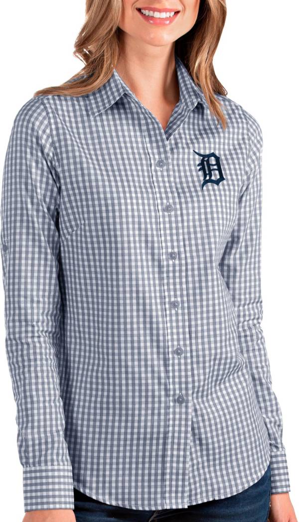 Antigua Women's Detroit Tigers Structure Navy Long Sleeve Button Down Shirt