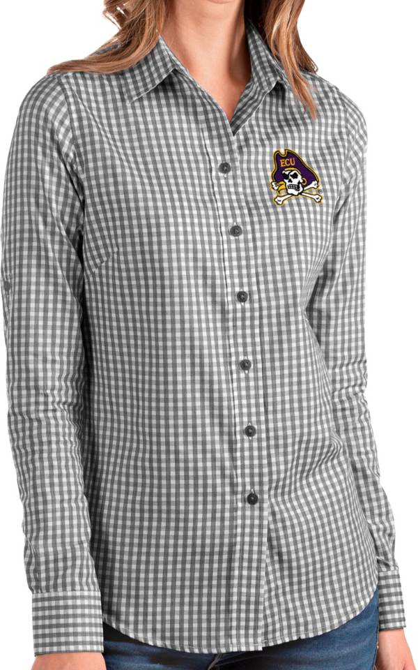 Antigua Women's East Carolina Pirates Structure Button Down Long Sleeve Black Shirt