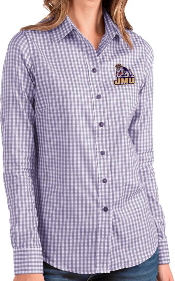 Antigua Women's James Madison Dukes Purple Structure Button Down Long Sleeve Shirt