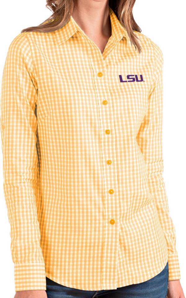 Antigua Women's LSU Tigers Gold Structure Button Down Long Sleeve Shirt