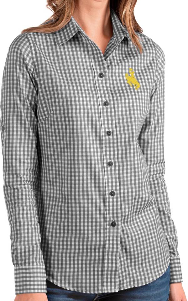 Antigua Women's Wyoming Cowboys Structure Button Down Long Sleeve Black Shirt product image