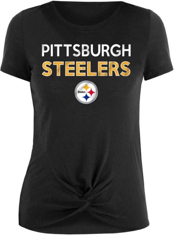 New Era Women's Pittsburgh Steelers Glitter Knot Front Black T-Shirt