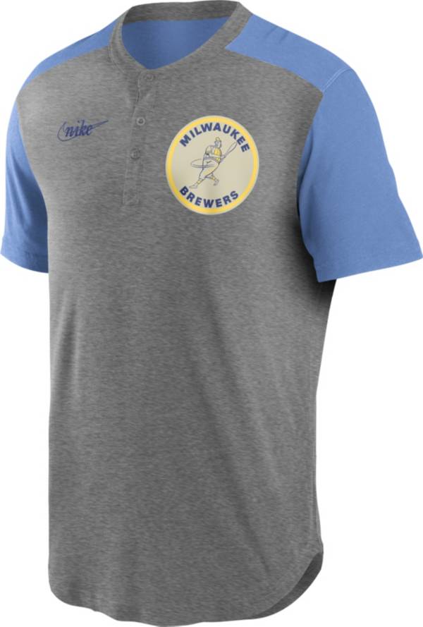 Nike Men's Milwaukee Brewers Grey Cooperstown Vintage Dri-FIT Henley T-Shirt