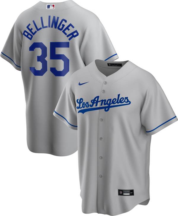 Nike Men's Replica Los Angeles Dodgers Cody Bellinger #35 Grey Cool Base Jersey