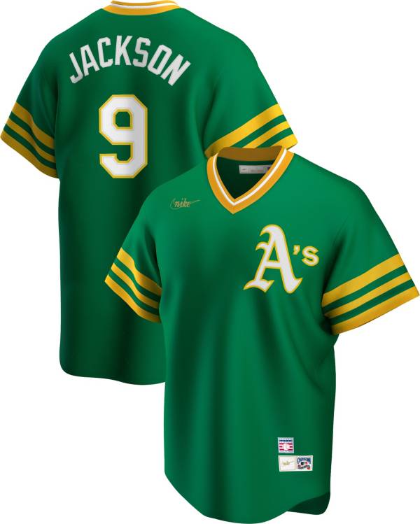 Nike Men's Oakland Athletics Reggie Jackson #9 Green Cooperstown V-Neck Pullover Jersey