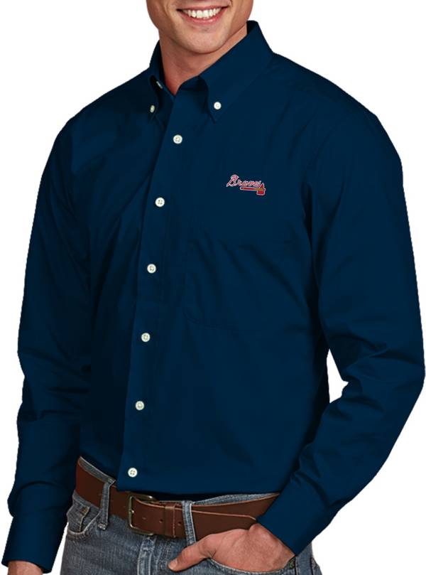 Antigua Men's Atlanta Braves Dynasty Navy Long Sleeve Button Down Shirt