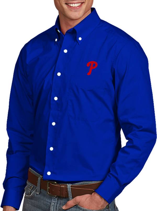 Antigua Men's Philadelphia Phillies Dynasty Royal Long Sleeve Button Down Shirt product image