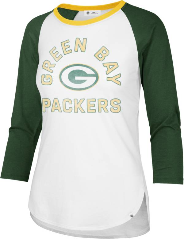 ‘47 Women's Green Bay Packers White Wash Raglan Three-Quarter Sleeve T-Shirt