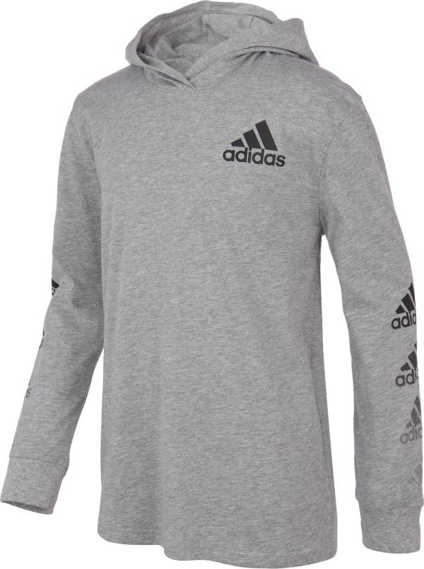adidas Boys' Vertical Badge of Sport Hooded Heather Long Sleeve Shirt