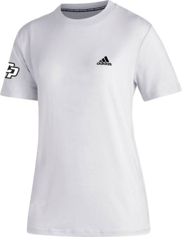 adidas Women's Cal Poly Mustangs Must-Have 3-Stripe White T-Shirt