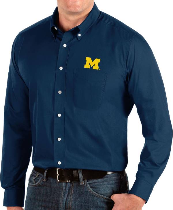 Antigua Men's Michigan Wolverines Blue Dynasty Long Sleeve Button-Down Shirt product image