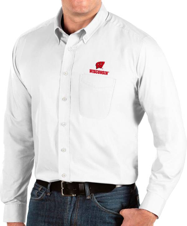 Antigua Men's Wisconsin Badgers Dynasty Long Sleeve Button-Down White Shirt