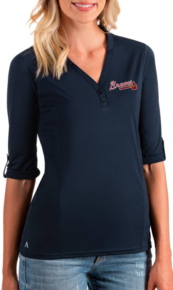 Antigua Women's Atlanta Braves Navy Accolade Three-Quarter Sleeve Polo