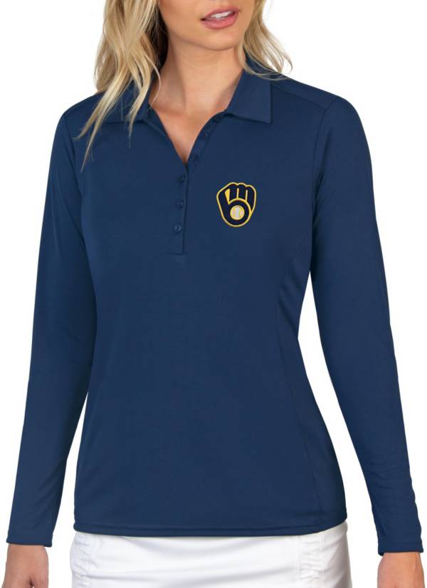 Antigua Women's Milwaukee Brewers Navy Tribute Long Sleeve Performance Polo