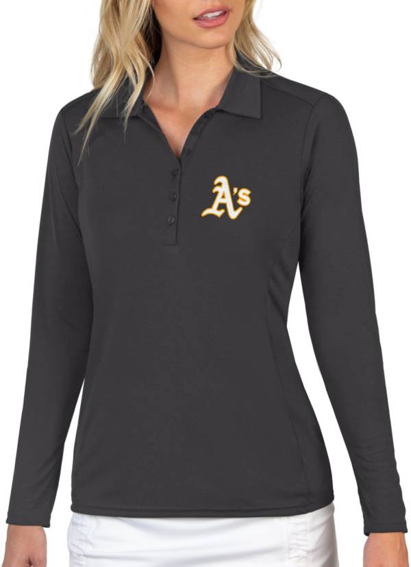 Antigua Women's Oakland Athletics Grey Tribute Long Sleeve Performance Polo